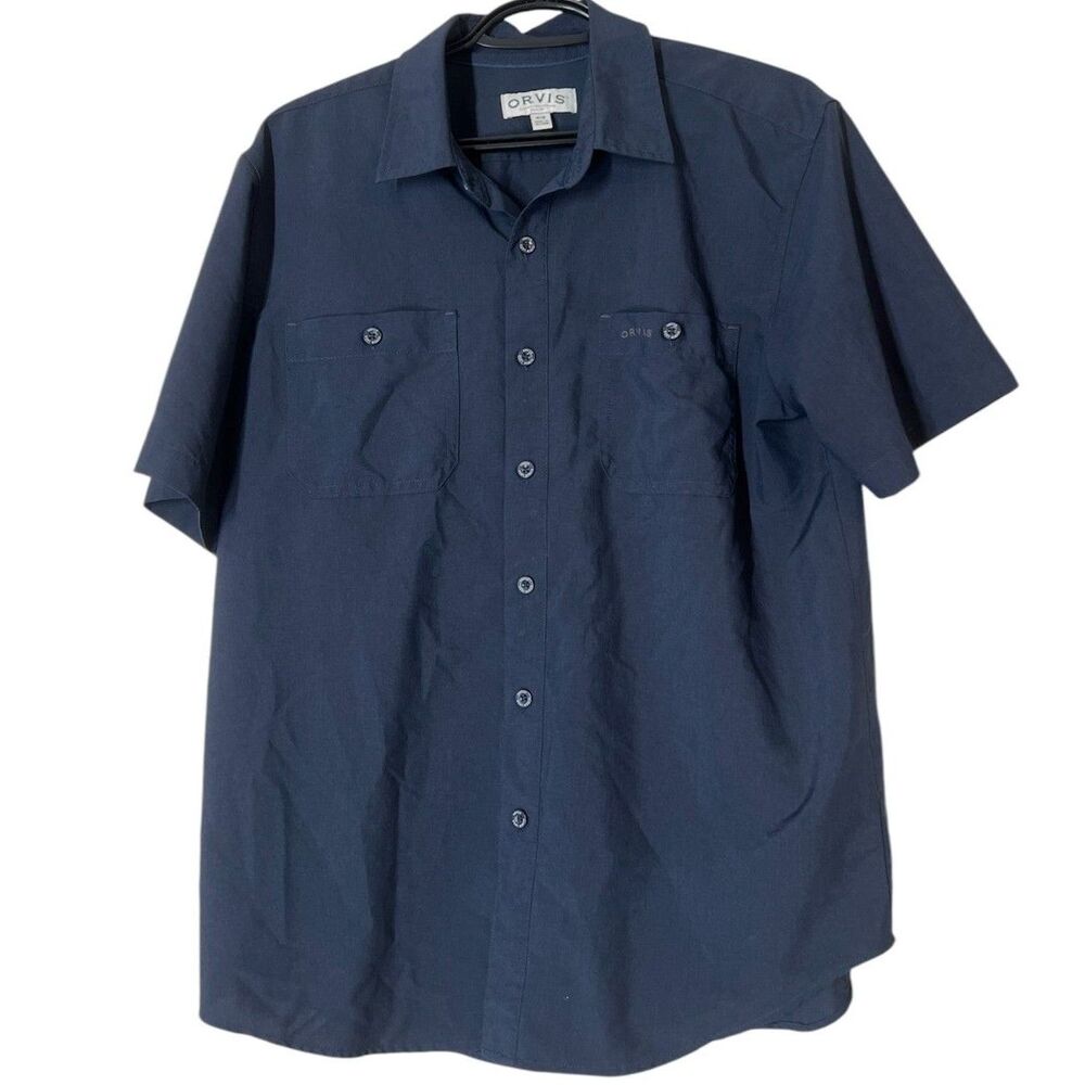 Orvis Navy Blue Short Sleeve Button Up Shirt Mens Sz M Woven Tech Outdoorsy